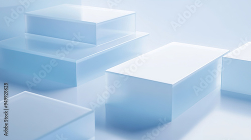 Minimalist design style abstract background, blue frosted glass and white acrylic material, the rectangle reflects a transparent sense of technology.