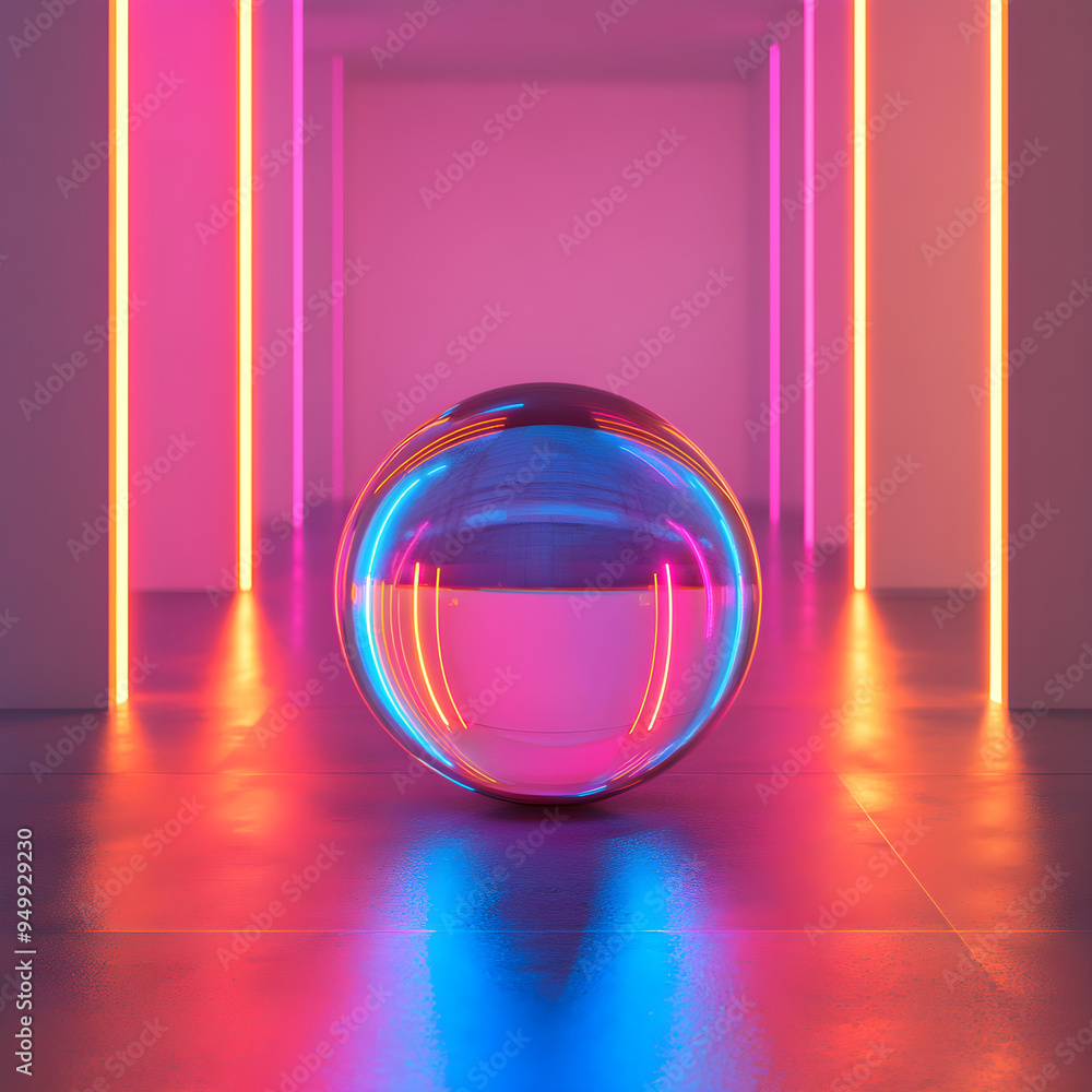 Colorful glass sphere centered in room with ambient lighting background image Colorful glass sphere centered in room with ambient lighting background image