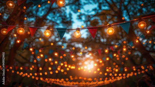 String Lights and Flags Hanging in a Tree Canopy photo