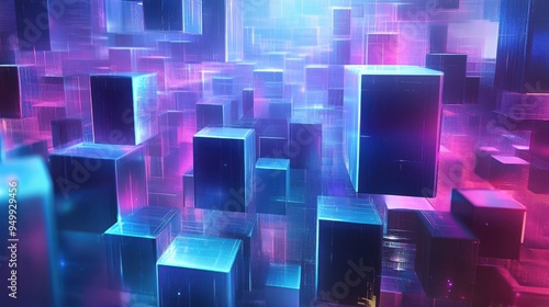 Abstract Neon Cityscape with Futuristic Glowing Cubes and Digital Grid Pattern.