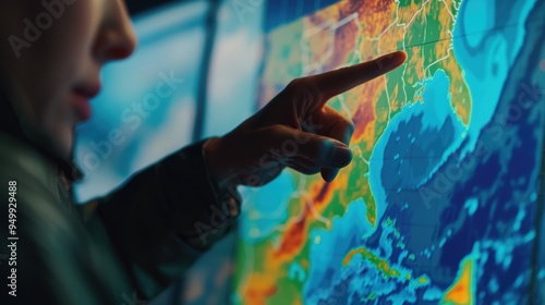 Meteorologist analyzing weather forecast data on digital interactive map display