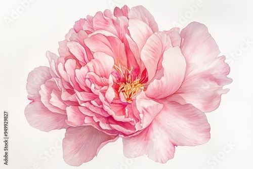 Watercolor Painting of a Pink Peony Flower Blossom Isolated on a White Background.