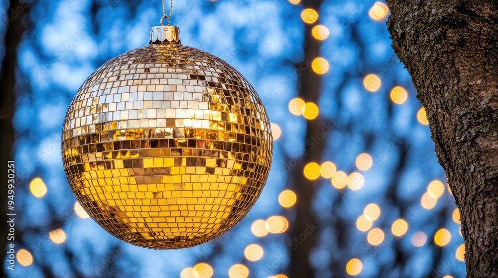 Obraz premium A shimmering golden disco ball adorns a festive tree, illuminating the night with joyful reflections for a holiday celebration