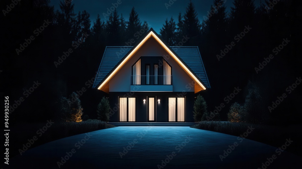 A charming modern house illuminated at night, surrounded by dark trees, creating a serene and inviting atmosphere. A charming modern house illuminated at night, surrounded by dark trees, creating a serene and inviting atmosphere.