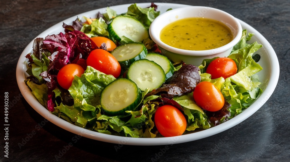 Flat lay of fresh garden salad with mixed greens cherry tomatoes cucumber and a light lemon vinaigrette Flat lay of fresh garden salad with mixed greens cherry tomatoes cucumber and a light lemon vinaigrette