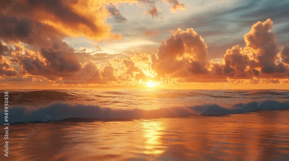 Fototapeta premium Golden hour sunset on the horizon, casting hues of orange, yellow, and gold across the sea and clouds. Dramatic, fluffy clouds add depth to the sky, creating a captivating landscape.
