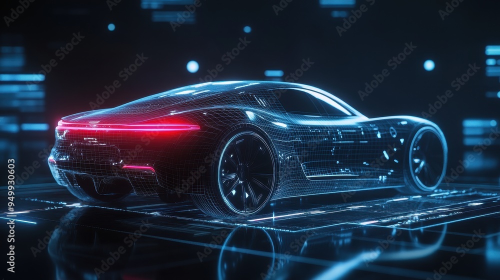 Fototapeta premium Futuristic Car Design with Blue and Red Neon Lights, Wireframe, Futuristic Background, Abstract Car, Concept Car, 3D Render, Cyberpunk, Sci-Fi, Technology, Digital Art.
