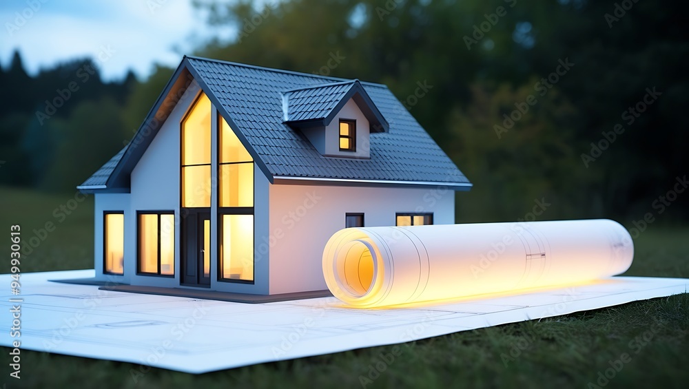 Architectural House Model with Detailed Blueprint Overlay. Developers, and Property Buyers, Providing a Clear and Thorough Representation of Residential Home Layouts, Design Concepts, Architectural House Model with Detailed Blueprint Overlay. Developers, and Property Buyers, Providing a Clear and Thorough Representation of Residential Home Layouts, Design Concepts,