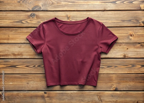 Wallpaper Mural * Softly lit mockup of a burgundy fitted crop top on a worn wooden boardwalk, showcasing the round neckline and tapered fit from front to back. Torontodigital.ca