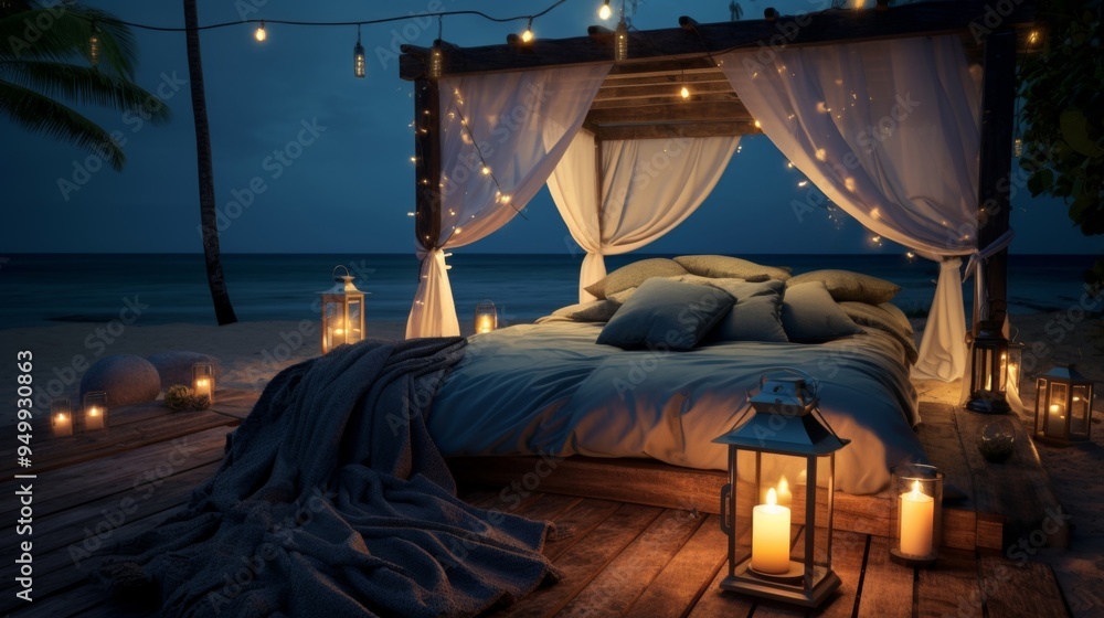 Romantic Beach Bed with Canopy and Candlelight Romantic Beach Bed with Canopy and Candlelight