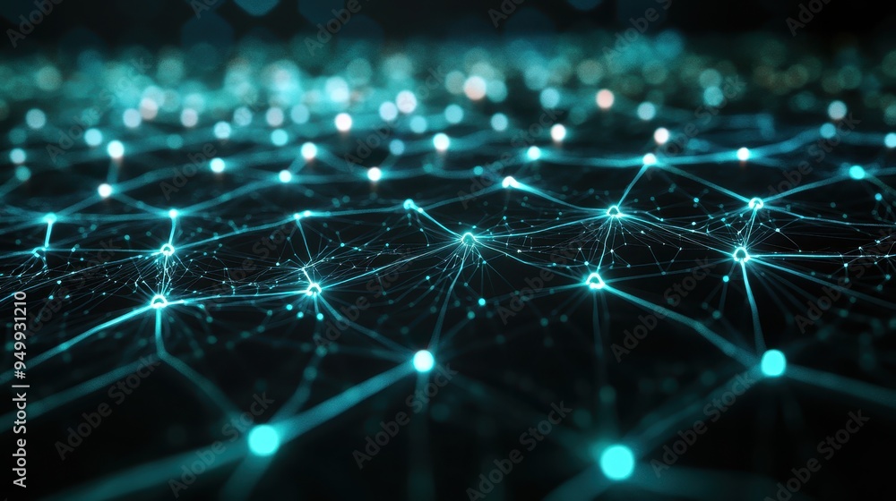Abstract Network Connection - Turquoise Glow Lines and Nodes on Dark Background. Abstract Network Connection - Turquoise Glow Lines and Nodes on Dark Background.