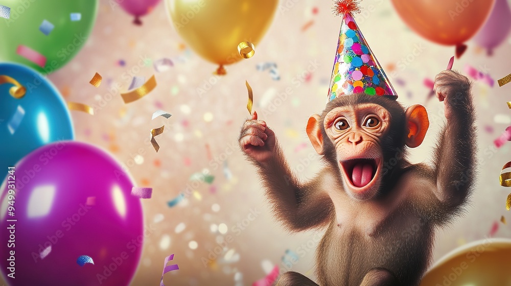 Happy Cute Animal Monkey Wearing a Clown Hat, Celebrating New Year's Celebration or Fancy Birthday Party, Lots of Balloons with Shiny Ribbons. Happy Cute Animal Monkey Wearing a Clown Hat, Celebrating New Year's Celebration or Fancy Birthday Party, Lots of Balloons with Shiny Ribbons.