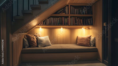 A warm and inviting reading nook under a staircase, with built-in shelves filled with books, a small cushioned seat, and soft ambient lighting photo