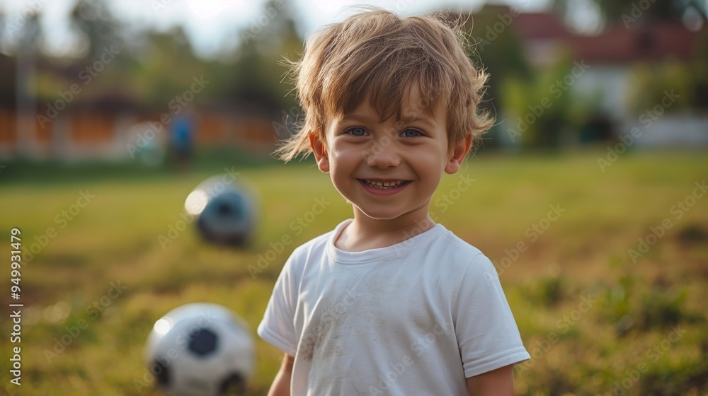 Cute boy on the background of a football field, hobby, sports,kids soccer Cute boy on the background of a football field, hobby, sports,kids soccer