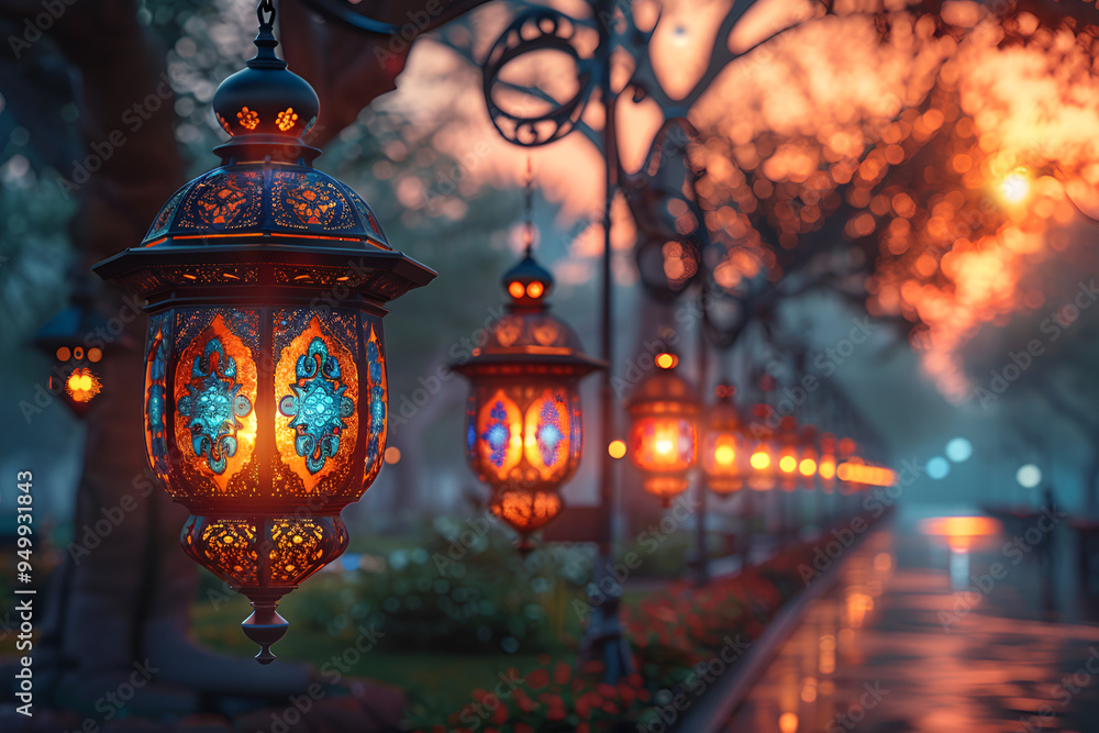 Obraz premium A street adorned with a series of colorful lanterns, enhancing the ambiance with their bright and cheerful glow.