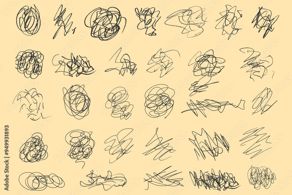 Fototapeta premium Random chaotic scribble lines collection on yellow background