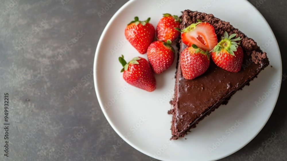 A slice of chocolate cake with strawberries on top A slice of chocolate cake with strawberries on top