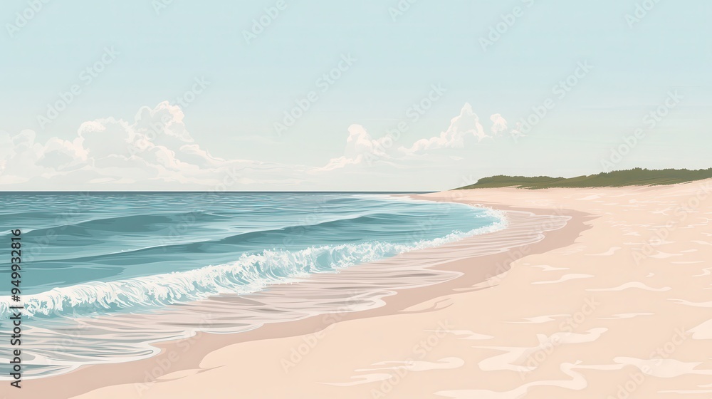 Fototapeta premium Tranquil Beach Landscape with Soft Blue Ocean Waves and Sandy Shore.