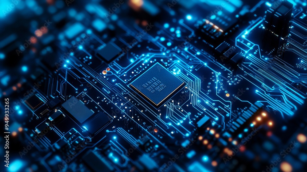 An intricate AI circuit board design with interconnected blue lines and electronic components on a technological background. The computer motherboard features a chip, processor, and semiconductor, hig An intricate AI circuit board design with interconnected blue lines and electronic components on a technological background. The computer motherboard features a chip, processor, and semiconductor, hig