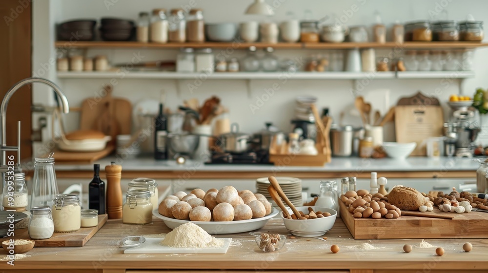 Kitchen Counter with Baking Ingredients and Bread Dough Balls Kitchen Counter with Baking Ingredients and Bread Dough Balls