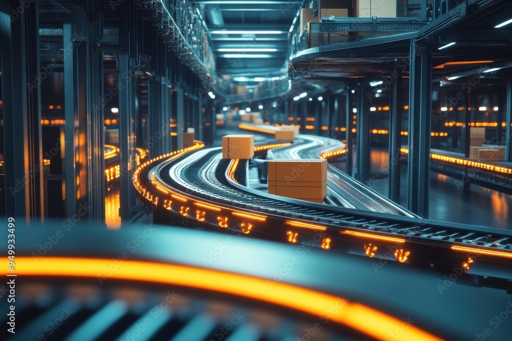 A high-tech automated conveyor belt system inside a warehouse, with packages moving along the belt A high-tech automated conveyor belt system inside a warehouse, with packages moving along the belt