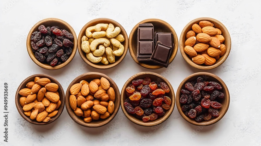 Flat lay of healthy snack setup including nuts dried fruits and dark chocolate arranged in small bowls Flat lay of healthy snack setup including nuts dried fruits and dark chocolate arranged in small bowls