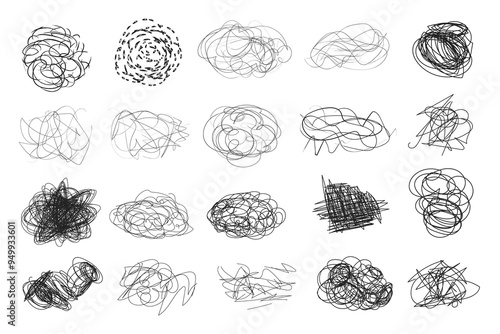 Abstract chaotic scribble lines collection on white background