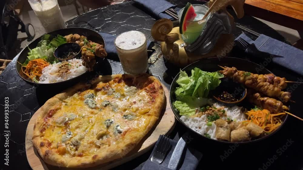 Cafe Pizza Night rich life evening in a street cafe Food on the table pizza two portions of shashlik with rice vermicelli greens and sauce drinks beach food luxury restaurant hotel travel rest Cafe Pizza Night rich life evening in a street cafe Food on the table pizza two portions of shashlik with rice vermicelli greens and sauce drinks beach food luxury restaurant hotel travel rest