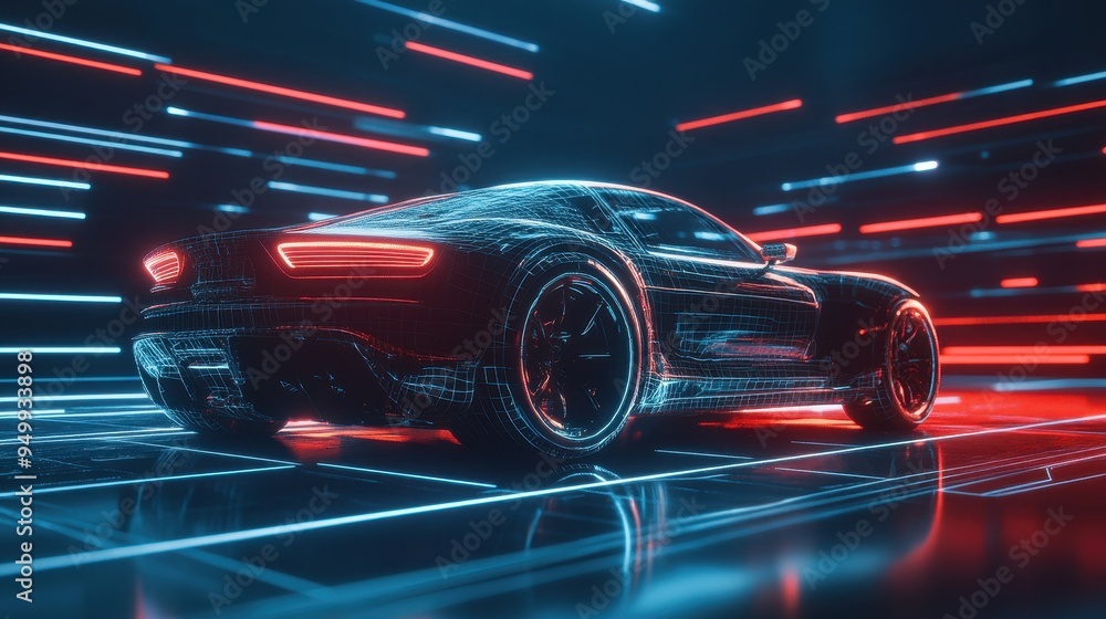 Futuristic Sports Car in a Neon Grid - Abstract 3D Render Futuristic Sports Car in a Neon Grid - Abstract 3D Render