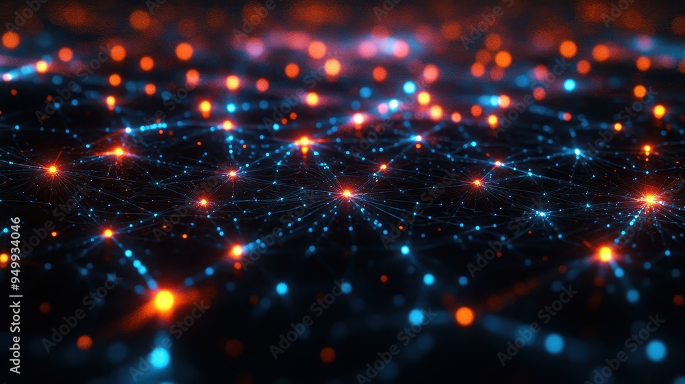 Abstract Technology Background with Glowing Network Lines and Bokeh Lights. Abstract Technology Background with Glowing Network Lines and Bokeh Lights.