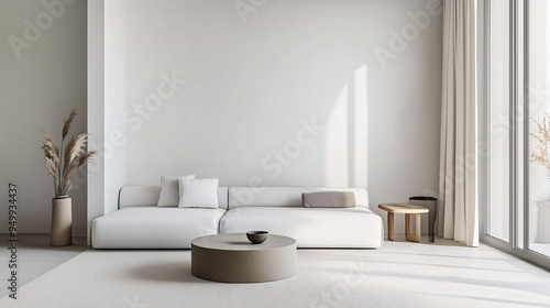 An open-plan living room with minimalist design, showcasing a white couch, a round coffee table, and a few decorative objects like a ceramic vase photo