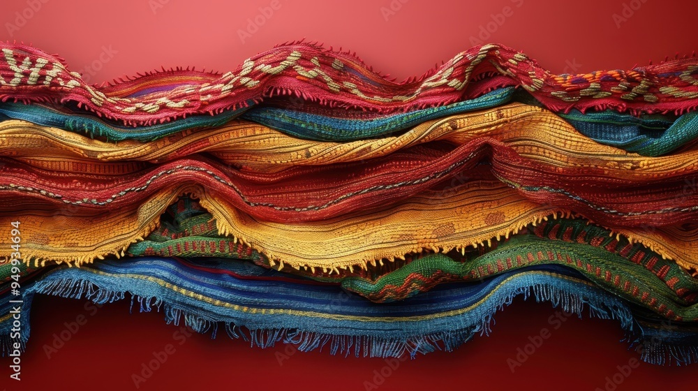 Multicolored Woven Fabric with Fringed Edges in Waves Multicolored Woven Fabric with Fringed Edges in Waves