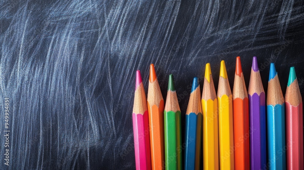Classroom tools, including vibrant pencils and markers, perfectly arranged in front of an empty blackboard, inviting creativity. Classroom tools, including vibrant pencils and markers, perfectly arranged in front of an empty blackboard, inviting creativity.
