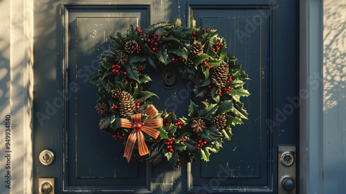 Christmas wreath with holly, pine cones, and a red bow, hanging on a blue front door photo