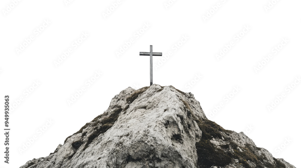 Cross stands atop a rocky hill against isolated on transparent background Cross stands atop a rocky hill against isolated on transparent background