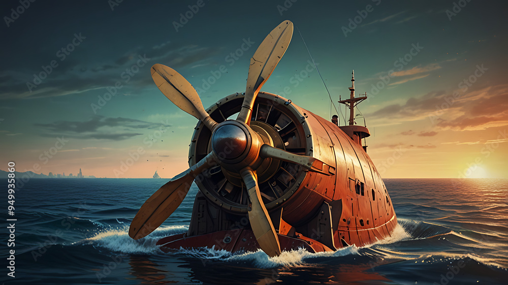 Obraz premium Close-up of a ship's propeller and stern, focusing on the intricate details of the blades, retro style