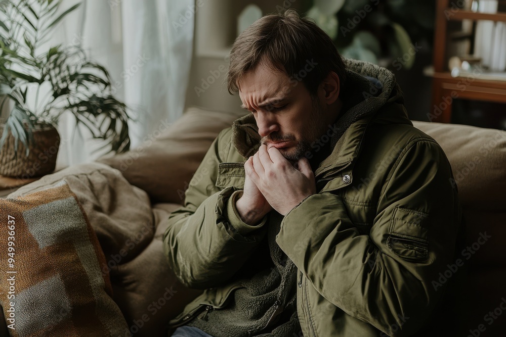 A man with a serious expression is seated on a sofa and holding his chest with one hand A man with a serious expression is seated on a sofa and holding his chest with one hand