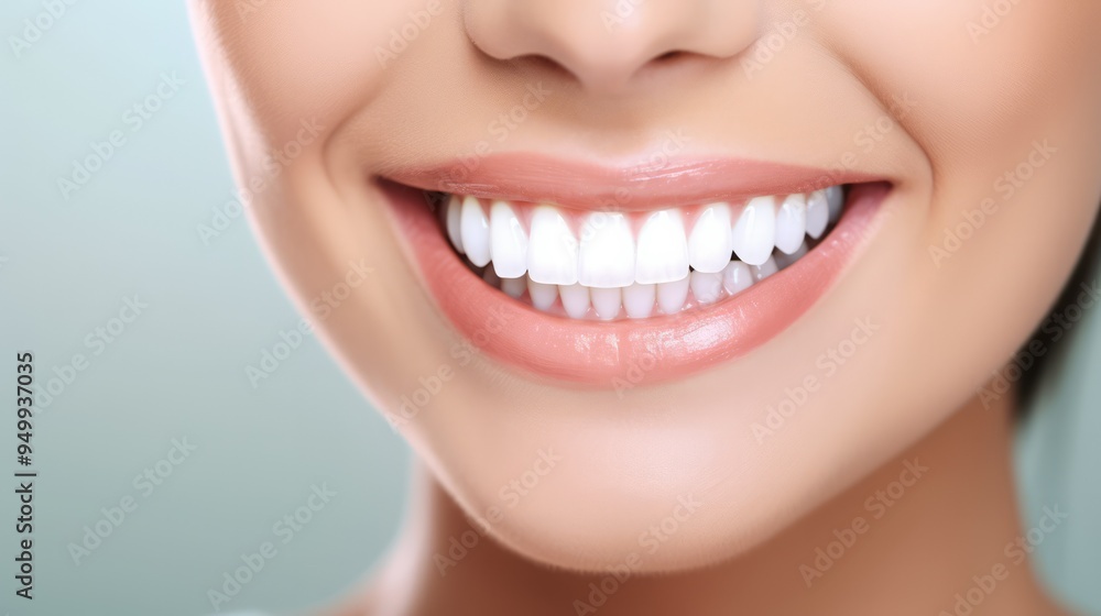 Obraz premium Beautiful female smile after teeth whitening procedure. Dental care. Dentistry concept. Neural network ai generated art