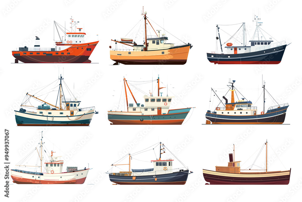 PNG Fishing boat design element set, transparent background