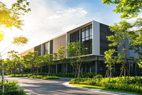 A modern industrial building surrounded by lush greenery and trees on a sunny day