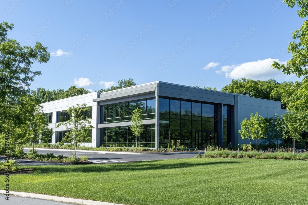 A modern industrial building surrounded by lush greenery and trees on a sunny day A modern industrial building surrounded by lush greenery and trees on a sunny day