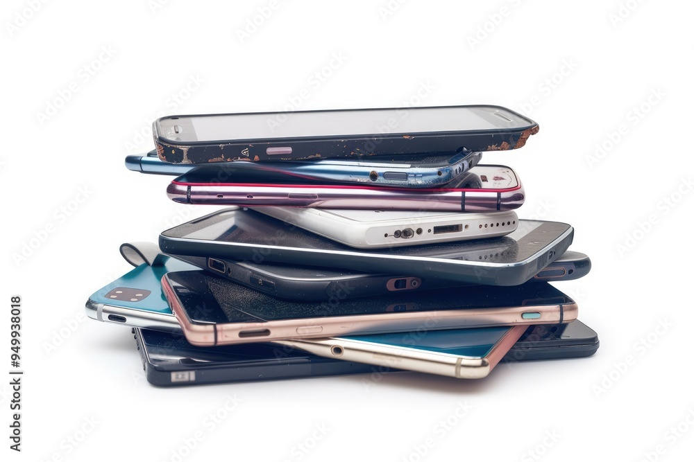 A pile of different smartphones isolated on a white background. A pile of different smartphones isolated on a white background.