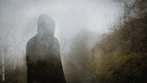 A double exposure of a ghost like hooded figure. Standing on a spooky country path in winter, With a grunge edit