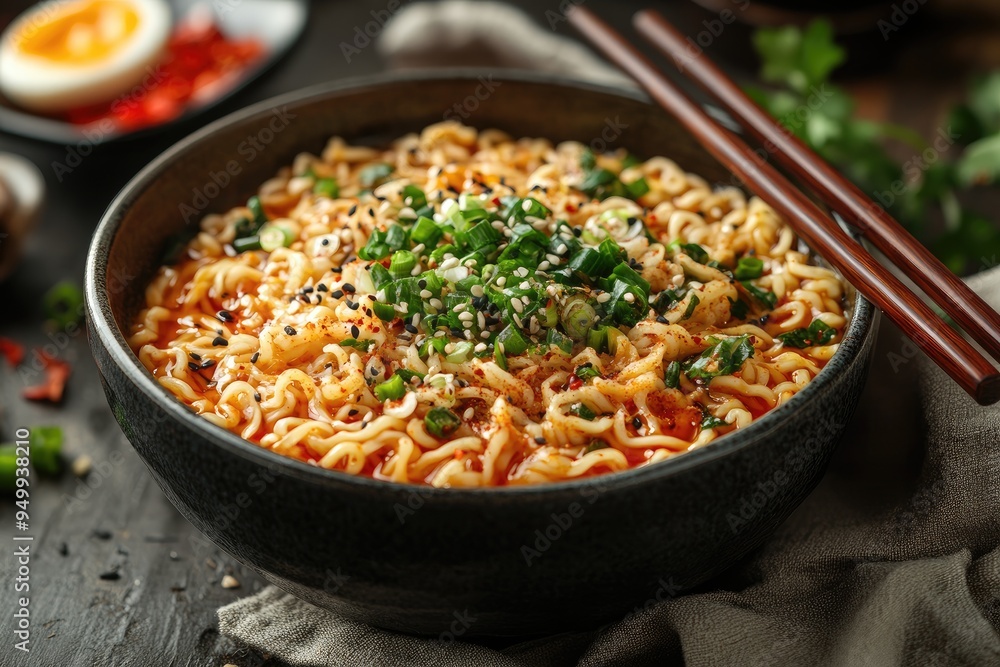 Dark bowl of spicy ramen noodles with chopped green onion and chili flakes Dark bowl of spicy ramen noodles with chopped green onion and chili flakes