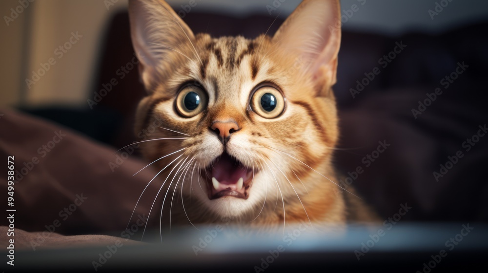 Amazed kitten looking at a laptop, isolated on white background. Neural network ai generated art Amazed kitten looking at a laptop, isolated on white background. Neural network ai generated art