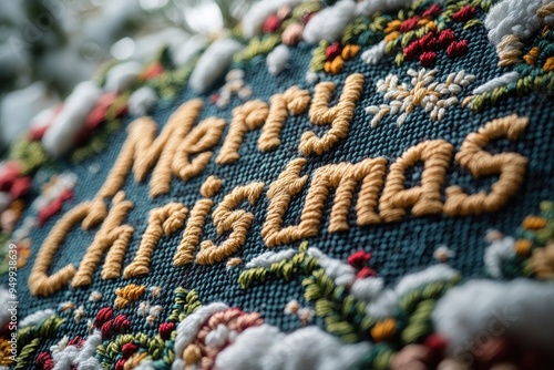 Merry christmas greeting embroidered with colorful yarn on blue fabric photo