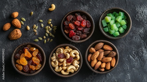 Flat lay of healthy trail mix with nuts dried fruits and seeds arranged in small bowls