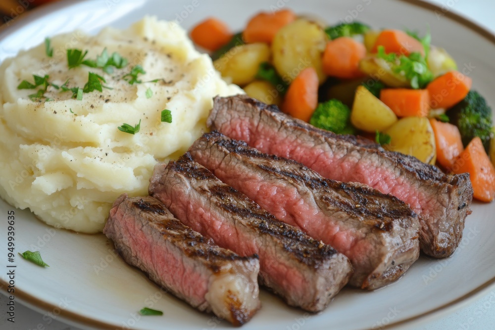 A plate of perfectly grilled steak slices served with creamy mashed potatoes and vegetables A plate of perfectly grilled steak slices served with creamy mashed potatoes and vegetables