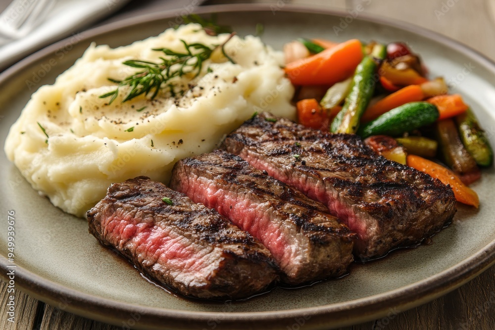 A plate of perfectly grilled steak slices served with creamy mashed potatoes and vegetables A plate of perfectly grilled steak slices served with creamy mashed potatoes and vegetables