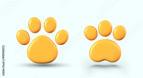 Set of yellow paw prints with four and three pads. Footprints of various animals